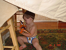 Hunter with his dinosaur.