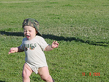 Hunter still running around with his boots on.