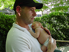 Hunter takes a nap on Dave's shoulder