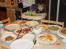 Hunter checks out the food.