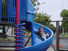 Hunter realizes the slide is wet from the rain!