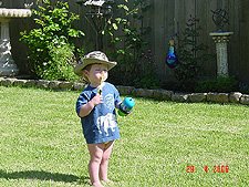 Hunter blowing bubbles.