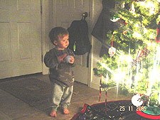 Hunter looks for a good spot to hang his ornament. 