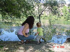 Heidi watches Hunter throw rocks in the water.