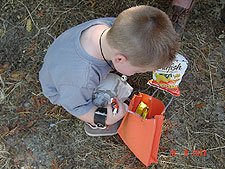 Hunter checks out his treasure bag